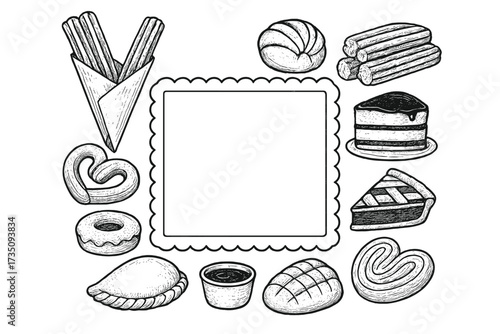 Latin American bakery menu template. Hand drawn vector of traditional pastry like churros, empanada, concha and pan dulce. Sketch food frame for cafe menu design.