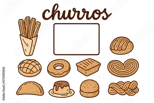 Churros menu template. Latin American bakery pastry set. Vector cartoon of pan dulce, concha, empanada, oreja, flan. Hand drawn sketch style food illustration for cafe.