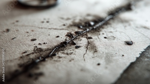 Close-up of a cracked and weathered surface with fine dirt particles and small debris on textured material
