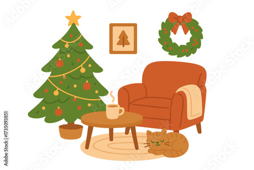 Cozy Christmas interior scene with decorated tree, armchair, and sleeping cat. Hygge winter holiday living room with home decorations. Flat vector cartoon illustration concept.