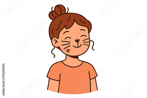 Cute girl with messy bun hair and cat face paint. Concept of love for animals, pets. Happy child character for kids party or event. Flat vector illustration isolated.