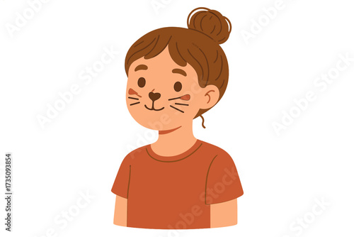 Cute girl with cat face paint and messy bun hair. Concept of love for animals, pets. Child character for party, Halloween costume. Flat cartoon vector illustration portrait.