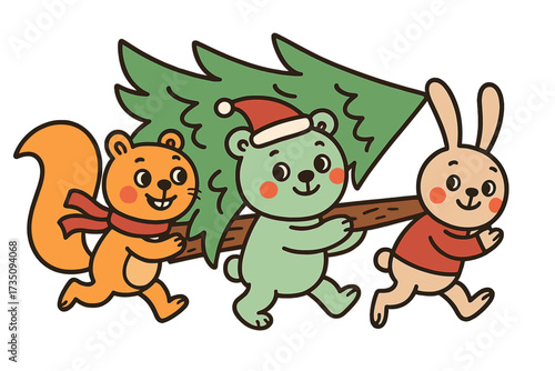Cute animal friends carry a Christmas tree. Happy squirrel, bear, and rabbit prepare for winter holidays. Teamwork concept for Xmas celebration. Vector flat cartoon illustration.