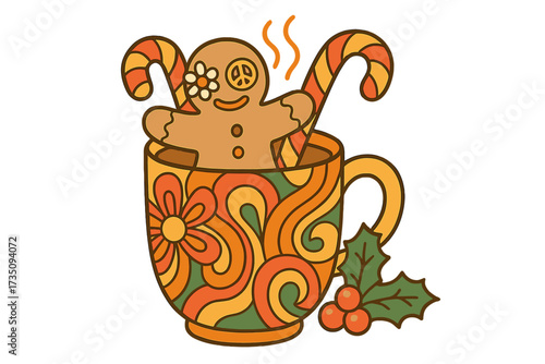 Groovy Christmas gingerbread man in retro 70s mug with candy cane and peace sign. Hippie style holiday vector. Holly Jolly. Flower Power festive sweet cookie illustration.