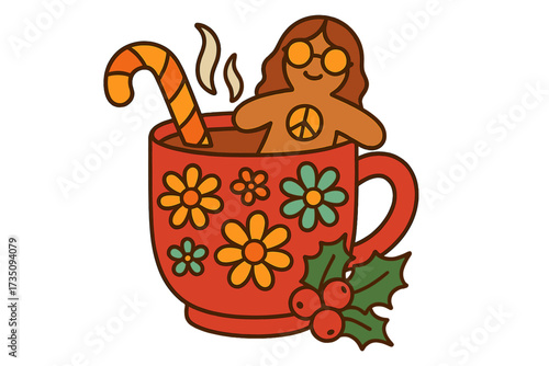 Groovy Christmas gingerbread person in hot chocolate mug. Retro 70s hippie with peace sign & candy cane. Xmas holiday vector for festive card, poster or sticker design.