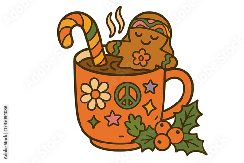 Groovy Christmas gingerbread man in a hot chocolate mug. Retro 60s 70s hippie style vector with peace sign, candy cane, and holly for festive holiday poster design.