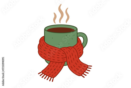 Hot coffee in green mug with red knitted scarf. Winter clipart for Christmas card. Vector flat hand drawn illustration of cozy sweet beverage. Hygge season concept.
