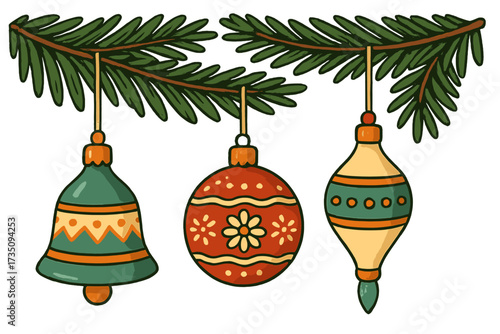 Vector set of retro Christmas ornaments. Vintage holiday baubles with folk art patterns hanging on a pine branch. Festive winter decoration for greeting card or banner design.