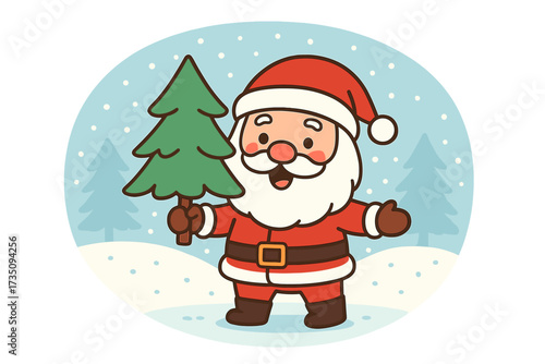 Cute hand drawn Santa Claus holding a Christmas tree. Merry Christmas greeting card with a funny cartoon character on a snowy winter landscape. Holiday season vector for kids.