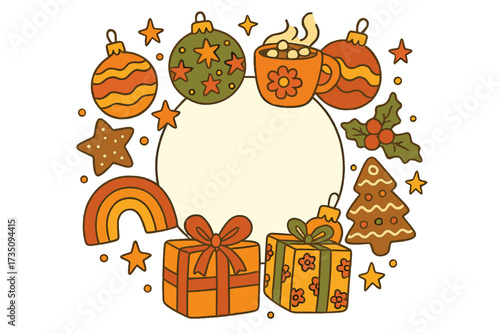 Groovy 70s retro Christmas round frame for card. Holiday copy space border with vector elements: baubles, hot chocolate, gingerbread cookies, gift box, rainbow. Hippie Xmas.