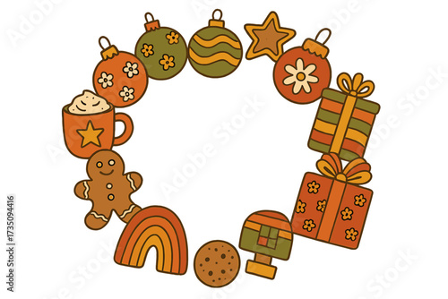 Round frame copy space for Christmas card. Groovy 70s retro holiday vector elements. Wreath with baubles, cocoa, cookies, rainbow toy, gift box. Hippie style illustration.