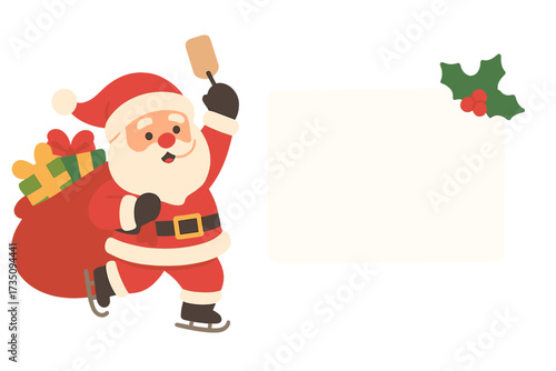 Skating Santa Claus with gift sack and message sign. Merry Christmas holiday character illustration. Vector concept for greeting card, banner, poster with blank copy space.