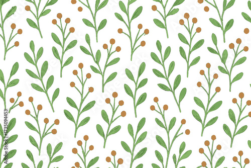 Botanical seamless pattern with hand-drawn branches, leaves, and berries. Simple scandi foliage backdrop. Natural vector design for wallpaper, fabric, and textile prints.