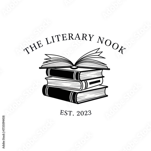 Black and white logo featuring stacked books with an open book on top, and the words 'The Literary Nook'.