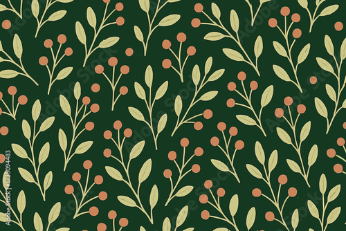 Seamless floral pattern with hand drawn branches, leaves, berries. Simple Scandi botanical backdrop on dark green. Natural foliage vector illustration for textile, paper, wallpaper.