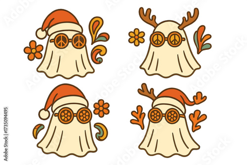 Groovy Christmas ghost character set. Retro 70s hippie spook with Santa hat, deer antlers, and peace sign glasses. Cute Xmas vector illustration for t-shirt design print.