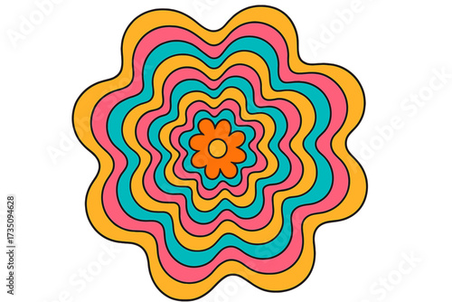 Trippy infinite flower optical illusion background design with bright groovy colors, contour vector illustration, psychedelic wavy shapes, retro cartoon style graphic
