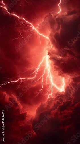 Raging red storm with jagged lightning illuminating dense clouds and a fiery sky casting crimson hues