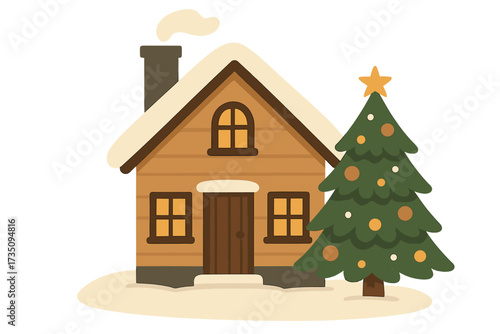 Cozy winter house with Christmas tree, snow-covered roof, holiday season, warm glowing windows, festive decorated fir with star, New Year celebration, hygge atmosphere, vector flat illustration