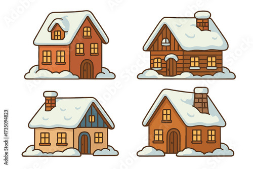 Winter houses collection with snow-covered roofs and snowdrifts, cartoon rural cottages and cozy snowy buildings set, hand-drawn flat vector illustration for seasonal winter architecture design