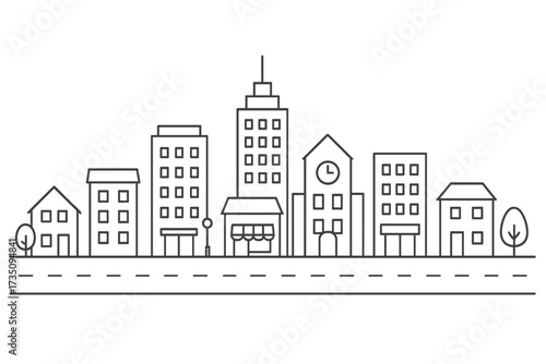 Vector line art city skyline illustration with transparent background, ordered set of building outlines including houses, shops, clock tower, trees, and road urban landscape design
