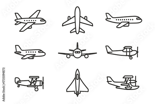 Vector illustration set of diverse airplanes and aircraft outlines with transparent background, including passenger jet, biplane, fighter jet, seaplane, aviation icons, transport, and flight symbols