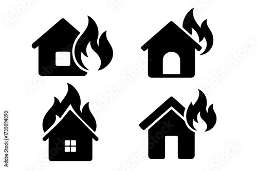 Vector set of black house icons on fire, home burning symbols, fire hazard safety concept, emergency danger flames, property fire risk, damage prevention graphics, transparent background