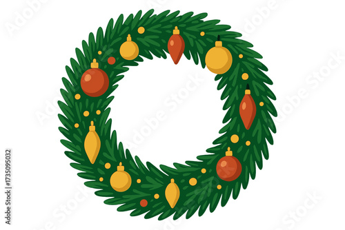 Christmas wreath illustration. Round frame for text. Season's greetings. Holiday greeting card template. Fir branches with festive decoration, xmas balls and baubles. Vector.