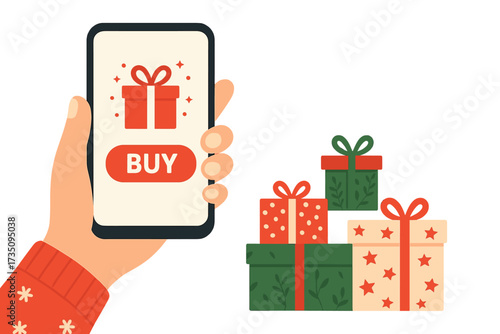 Christmas online shopping concept. Hand holding phone with buy button on screen. Holiday e-commerce application. New Year sale. Buying gifts online. Flat vector illustration.