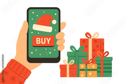 Christmas online shopping concept. Hand holding phone with mobile store app. Buy button on screen for holiday gift purchase. Xmas sale and e-commerce vector illustration.