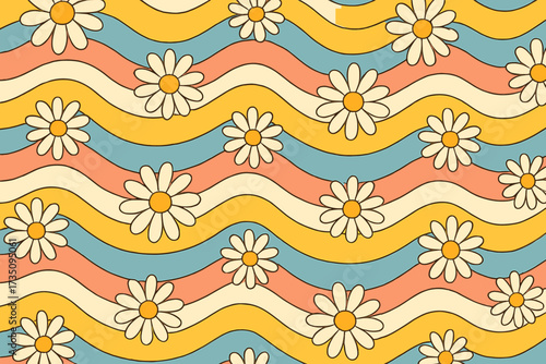 Groovy seamless pattern with daisy flowers. Retro 1970s floral print on a wavy background. Seventies hippie aesthetic vector. Hand drawn vintage flat illustration for textile.