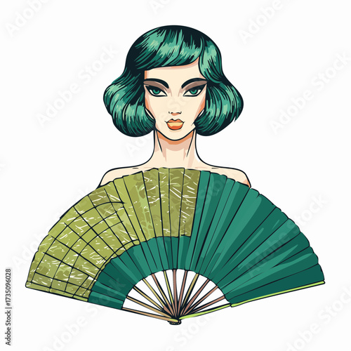 flapper doll gilded teal art deco fan motif 1920s gilded mosaic fashion illustration ready for luxe editorial and packaging