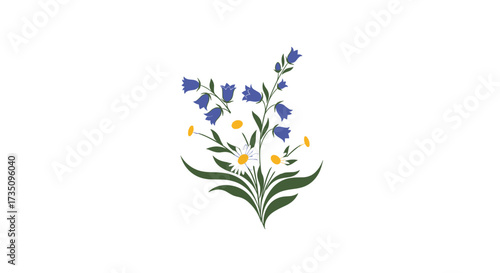 A delicate arrangement of bluebells and small yellow wildflowers with green foliage suggesting a spring meadow.