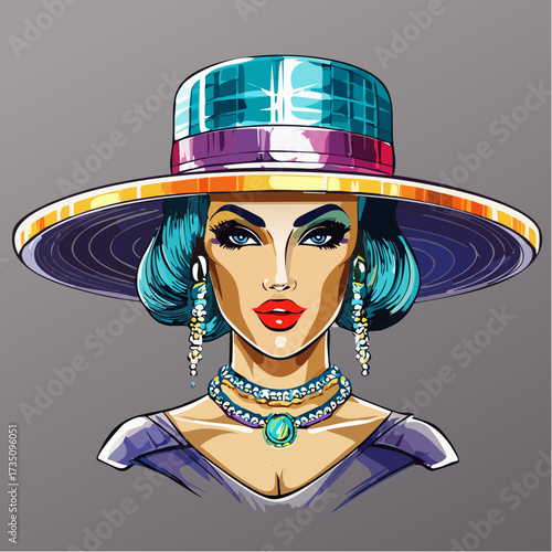 cloche-hat flapper in lavender and mustard glitch-textured panels modern-retro vector for editorial and surface pattern use
