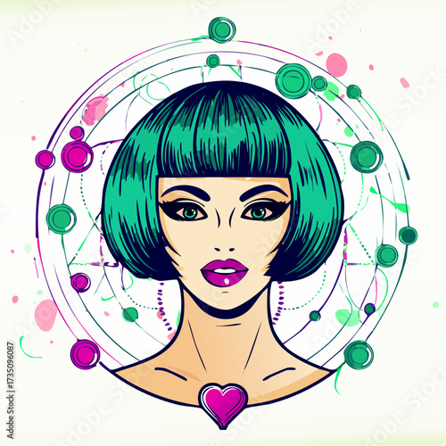 concentric-ring flapper in magenta and emerald ornate foil-accented art deco frame luxury vector motif