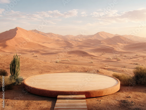Desert Stage: A minimalist wooden stage, seamlessly merging with the captivating landscape of a sun-drenched desert, inviting contemplation and product showcasing.