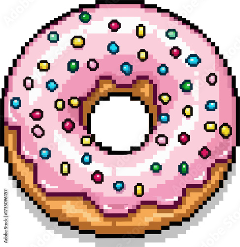 Pixelated donut with pink frosting and colorful sprinkles, isolated on a white background.