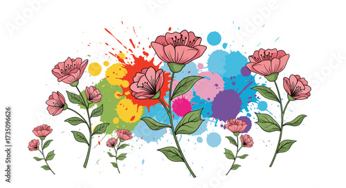 Colorful floral abstract art with blooming flowers and vibrant paint splatters creating a lively garden scene.