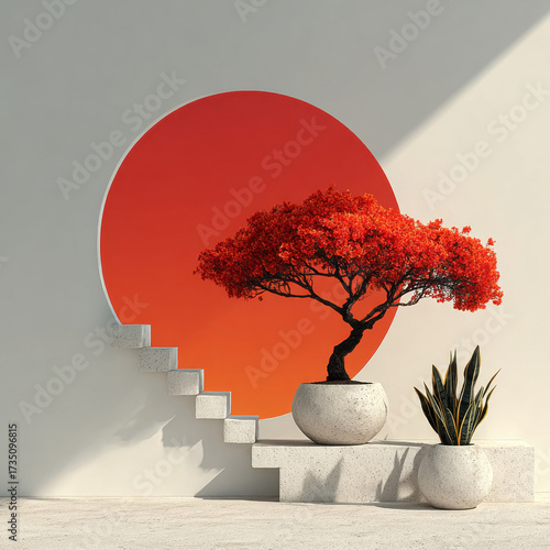 Zen Harmony: A meticulously composed image featuring a solitary Bonsai tree with vibrant red foliage, meticulously placed amidst minimalist architecture, set against a bold circular backdrop.