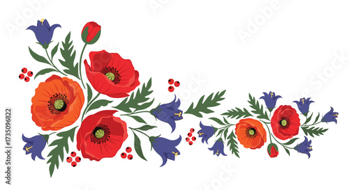 Elegant corner decoration featuring vibrant red poppies and delicate bluebells adorned with tiny red berries for a touch of natural charm.