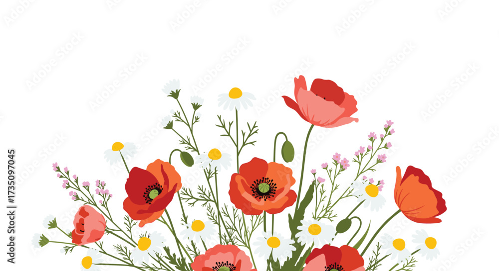 Obraz premium A vibrant meadow bouquet bursting with red poppies and delicate daisies in full bloom.