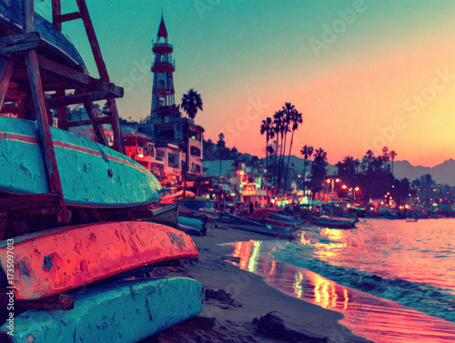 Coastal Sunset Harmony: A picturesque coastal scene captures the tranquil beauty of a sunset. Boats lay at rest on the sand, a lighthouse towers in the background, and soft hues of orange.