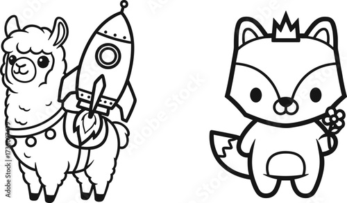 Cute alpaca with rocket cartoon, funny fox with crown holding flower, adorable animal vector illustration, black and white coloring page design
