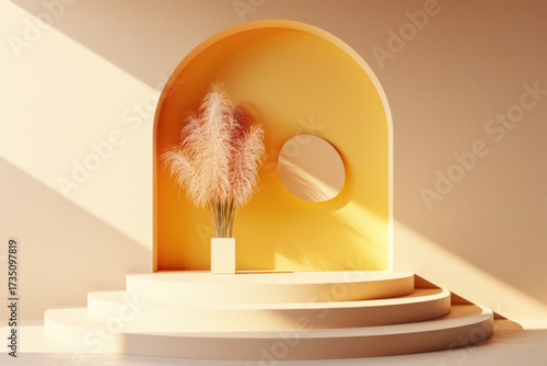 Minimalist Stage with Plant Decor: a sophisticated and calming visual, soft light creates a serene atmosphere.