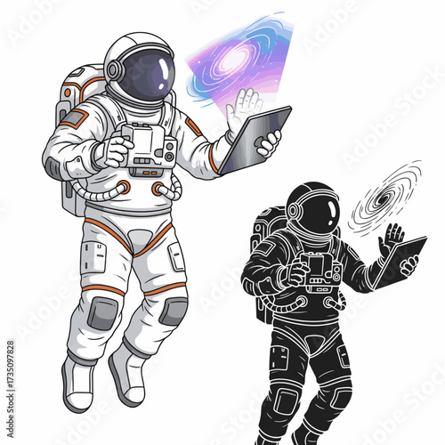 Astronaut in spacesuit explores cosmos using advanced digital tablet with holographic galaxy projection