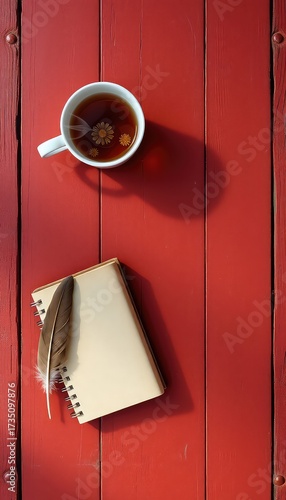 A warm cup of tea with chamomile, blank notebook, and feather on rustic red wooden table