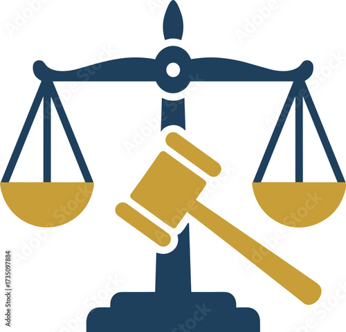 Flat Style Law and Justice Symbol with Gavel and Scale Icon