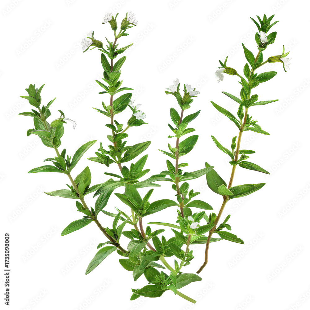 Fototapeta premium Detailed close-up of blooming thyme plant with white flowers and green leaves isolated on white background