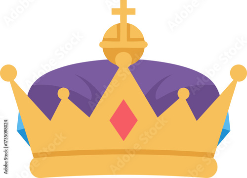 Flat Styled Royal Crown with Cross and Jewel Embellishment Icon