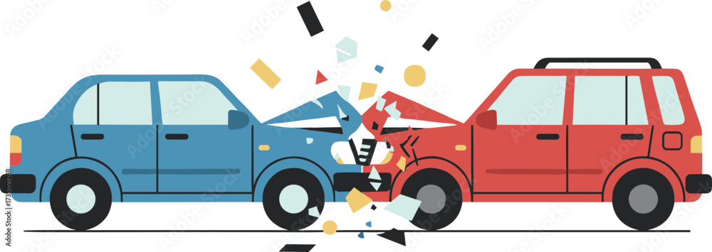 Fototapeta premium Flat Design Two Cars Head On Collision Accident Damage Illustration